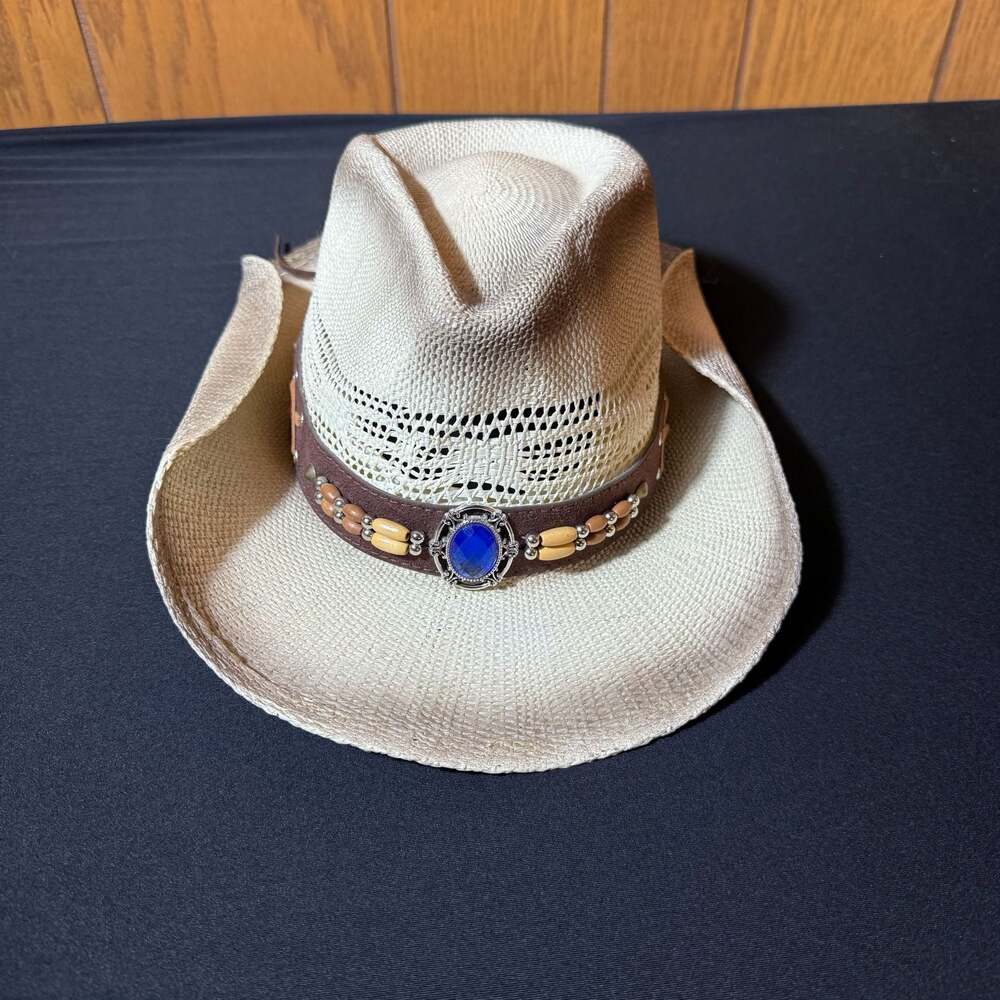 Stone Age Natural Straw Cowboy Hat with Blue Gemstone Band, SWT-3630C